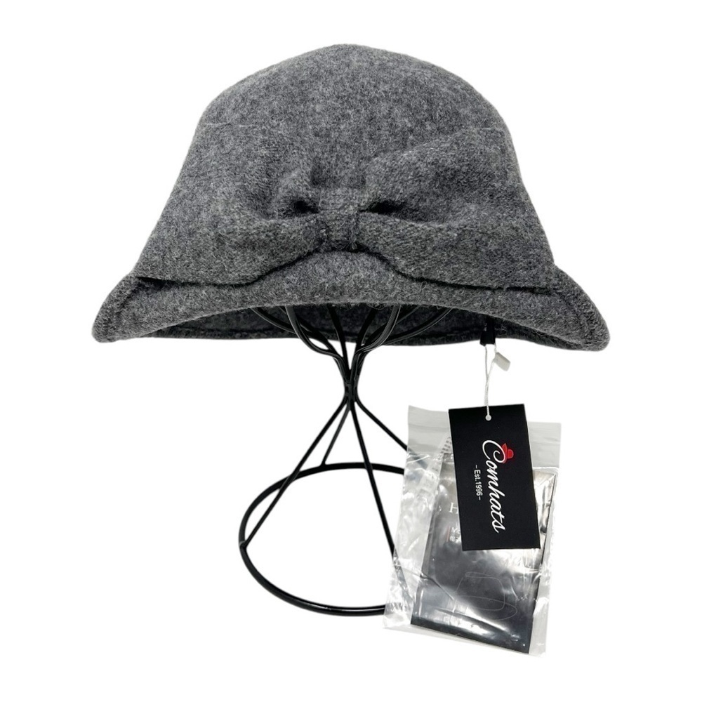 NWT Comhats Gray Wool Blend Bow Front Bucket Hat Size Medium